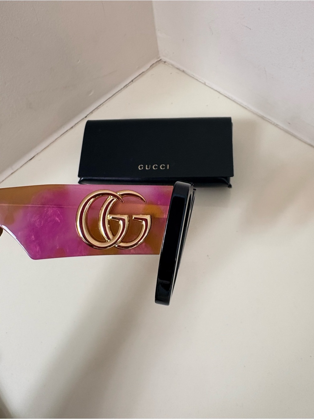Gucci Pink Gradient Shield Sunglasses with Gold GG Accent